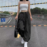 Khaki Oversized Cargo Baggy Pants Y2K Hip Hop Style Loosed Adjustable Waist Drawstring Long Pant Streetwear 90s Style Clothes