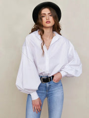 Ingvn Loose O-neck Women Stylish Shirts Spring Summer Lantern Sleeve Single-breasted Female 100% Cotton Blouse Ladies Tops