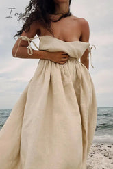 Ingvn- Sexy Vacation Solid Bandage Backless V Neck Beach Dress Dresses