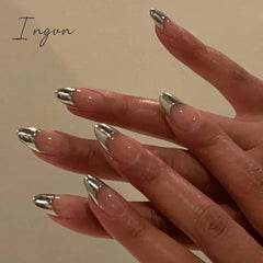 24Pcs Mid-length French Fake Nail with Silver Edge Design Round Head Almond False Nail Wearable Simple Finished Press on Nails