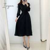 Ingvn - Harajuku V-neck Puff Sleeve A-line Maxi Dresses for Woman Women Solid Color Midi Robe Korean Office Dresses Elegant Spring
