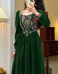 Vintage France Green Velvet Floral Dress for Women Chic Auricular A-line Party Prom Robe Winter Spring Harajuku Clothes
