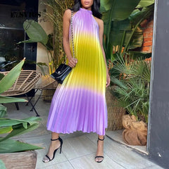 Ingvn - 2023 Fashion Women O Neck Long Dress Spring/Summer Casual Sleeveless Boho Pleated Dresses Lady Elegant Loose Beach Party Dresses