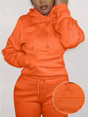 Solid Kangaroo Pocket Hoodie Without Pants, Casual Long Sleeve Drawstring Hoodies Sweatshirt, Women's Clothing