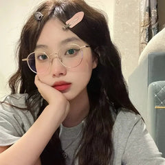 INGVN Korean Retro Alloy Glasses Frame Girl Ins No Makeup Plain Glasses Men Light Eyewear Cute Decorative Computer Glasses