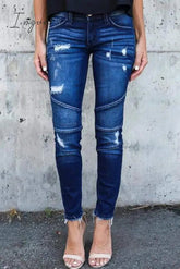 Ingvn - Regular Waist Solid Color Skinny Fit Hole Jeans