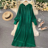 Ingvn - Vintage Pleated Chiffon Long Dress Women Casual Solid Pink/Green/Red O-Neck Draped Slim Vacation Vestidos Autumn Robe New