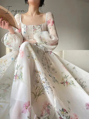 Ingvn - French Elegant Floral Midi Dress Chiffon Long Sleeve Evening Party Dress Woman Beach Fairy One Piece Dress Korean 2023 Summer
