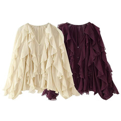 New Women Sexy Semi-sheer Ruffle Shirt Long Sleeve V Neck Front Button Spring Blouse Burgundy Blusas Mujer