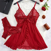 Y2K Summer new lace up Halter backless dress European and American sexy hollow pleated Hip Wrap SkirtThin Style G-string Contrast Lace Ruffle Trim Lingerie Set Deep V Slip Dress Thong Women's Sexy Lingerie Lencería Muj