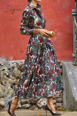 Ingvn - Elegant Floral Bandage Turndown Collar Printed Dress Dresses