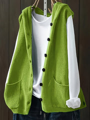 Women's Plus Size Solid Button Front Sleeveless Knitted Hooded Cardigan with Pockets, Casual Plus Size Clothing