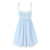 Women Lace Spliced Blue Striped Sling Short Dress Sexy Backless Bandage High Waist A-line Casual Summer Dresses