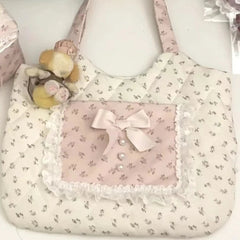 INGVN Korean Fairy Flower Print Women's Handbags Sweet Y2k Aesthetic Fashion Chic Underarm Bag Contrast Color Kawaii Bow Shoulder Bags