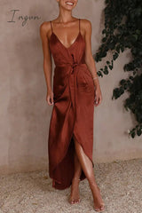 Ingvn - Sexy Solid Frenulum Fold V Neck Sling Dress Dresses