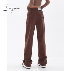 Ingvn - Women's Khaki Wide Leg Jeans Star Pocket Vintage Straight Pants High Waist Baggy Streetwear Casual Brown Denim Trouser Ladies