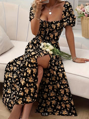 Elegant Floral Puff Sleeve Dress - Lightweight, Split Hem A-line for Spring & Summer Occasions