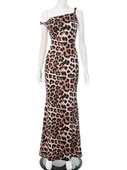 Leopard Print Incline Shoulder Sexy Maxi Dress Women Fashion Irregular Sleeveless Backless Club Party Long Dress