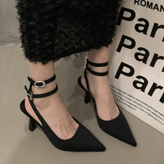 Slingbacks High Heels Pumps Women Pointed Toe Thin Heeled Party Shoes Woman Solid Color Ankle Buckle Summer Sandals