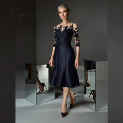 Ingvn - Gorgeous Prussian Blue Knee Length Mother of the Bride Dresses Lace Applique with Three Quarter Sleeves Wedding Guest Gowns