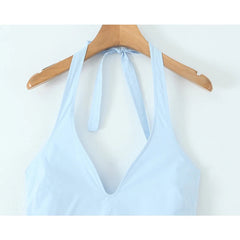 New Elegant Blue Halter Midi Long Dress Women Sexy Backless Deep V Neck Low Waist A-line Summer Dresses Party Robe