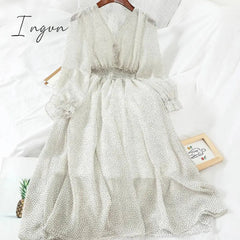 Ingvn - New Autumn V Neck Polka Dot Slim Chiffon Dress Button Puff Sleeve High Waist Elegant Women Mid-calf Dress