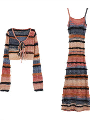 Korean style Spring Autumn New Streetwear Sexy Long-sleeved Cardigan Women Striped Knit Sling Dress Two-piece Suit