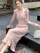Vintage Solid Knitted Dresses for Women Elegant Bodycon Chic Flare Sleeves Ruffles Casual Female One Piece Office Vestidos Robe