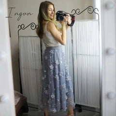 Ingvn - Luxury Woman Skirts Korean style Fashion Elastic Waist Appliques Embroidery Floral Mesh Skirt Long Gauze Ball Gown Skirt