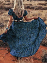 Full Size Printed Puff Sleeve Maxi Dress Plus Size