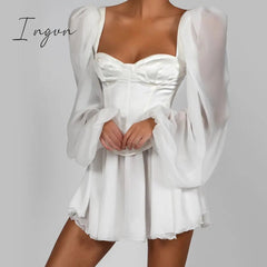 Ingvn - Women Bodycon Dress Female Lantern Sleeve Y2K Corset Chiffon Dresses Beach Vacation Outfit Sexy Party Mini White Dress Summer