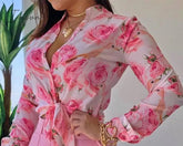 Ingvn - Women Long Sleeve Floral Printed Tie Knot Top Blouse Casual Spring Shirts Female