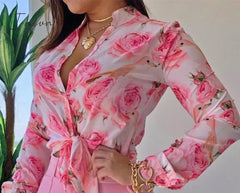 Ingvn - Women Long Sleeve Floral Printed Tie Knot Top Blouse Casual Spring Shirts Female