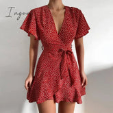 Ingvn - Summer Women Dress Butterfly Sleeve Polka Dot Floral Print V Neck High Waist Sashes Dress Vintage Female Mini Red Vestidos