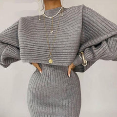 Women Elegant Slim Two Piece Sets Female Sweater Dress Autumn Winter High Waist Knitted Ensemble Femme Medium Long Party Dresses