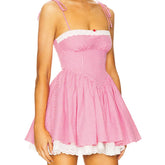 Sexy Spaghetti Straps pink Plaid Mini Dress Women Embroidery Lace Spliced Elegant A-line Summer Dresses Party Robe 2025