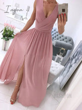 Ingvn - Sexy Long Evening Dress Elegant Dress For Women V-neck Side Split Party Dresses Female Summer Fashion Casual Club Ladies Clothes