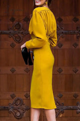 Ingvn - Elegant Solid Fold V Neck One Step Skirt Dresses