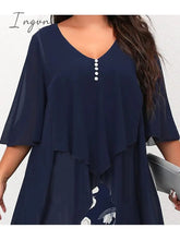 Ingvn - Women's Plus Size Curve Work Dress Floral V Neck Ruched 3/4 Length Sleeve Spring Summer Work Elegant Midi Dress Layered Formal Vacation Dress