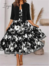 Ingvn - Women's Two Piece Dress Set Casual Dress Chiffon Dress Outdoor Daily Fashion Elegant Print Midi Dress V Neck Half Sleeve Floral Regular Fit Black Pink Gray Summer Spring S M L XL XXL