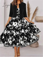 Ingvn - Women's Two Piece Dress Set Casual Dress Chiffon Dress Outdoor Daily Fashion Elegant Print Midi Dress V Neck Half Sleeve Floral Regular Fit Black Pink Gray Summer Spring S M L XL XXL