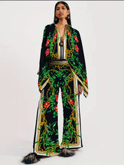 Two-piece Set, Long Sleeve Ethnic Print High Waist Wide Leg Pants Outfits, Button Front Blouse Women's Clothing