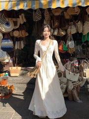 Vintage Fashion Long Sleeve Midi Dresses for Women New Autumn Korean Elegant Lace-up Birthday Party Prom Casual Female Clothing