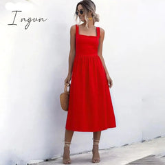 Ingvn - Women Long Dress Summer Sexy Backless Casual White Black Ruched Slip Midi Sundresses Ladies Strap Clothes For Women y2k