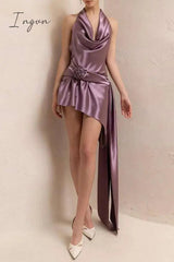 Ingvn - Celebrities Elegant Solid Appliques Backless Fold Halter Evening Dresses
