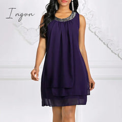 Ingvn - Women's Shift Dress Knee Length Dress Sleeveless Solid Color Layered Spring & Summer Plus Size Hot Black Purple Navy Blue