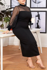 Ingvn - Black Casual Solid Patchwork See-through Half A Turtleneck Long Sleeve Plus Size Dresses
