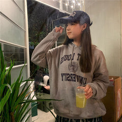 Letter Print Sweatshirt Vintage Women Hoodies Gray Cotton Warm Fleece Winter Pullovers Autumn New Casual Streetwear Girls