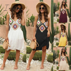 Ingvn - Crochet Beach Cover-ups Summer Tunic Cover Up saida de praia Knitted Swimsuit Ups for Women Vestido Playa Mujer White Dress