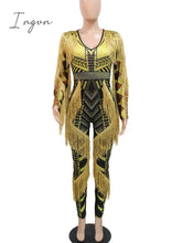 Ingvn - Womens Sexy Bodycon Jumpsuit Vintage Printed Long Sleeve One Piece Outfits with Tassels Rhinestone Yellow Black Romper Clubwear